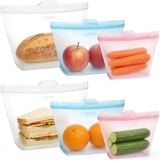 Reusable 100% Silicone Food Storage Bags, 6 Pack Silicone Stand-Up Wide-Open Zip-Lock Container, Multi-Use Leakproof Preservation Bags, Freezer Microwave Oven Dishwasher Safe