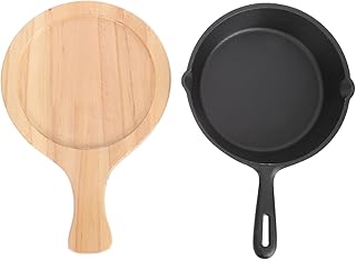 Ciieeo Cast Iron Non-stick Frying Pan 20cm Thick Skillet with Handle, Kitchen Cookware for Steak and Eggs, Includes Wooden Board, Home Cooking Set