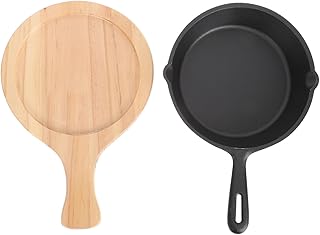 Cast Iron Nonstick Frying Pan 20cm Wooden Handle Board, Thickened Flat Bottom Skillet for Steak, Eggs, and Western Cooking, Sturdy Kitchen Cookware Set