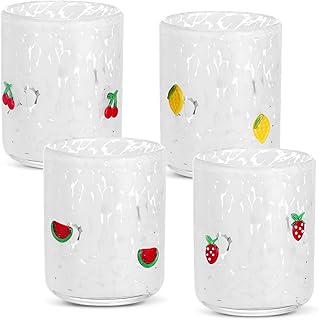 4 Pack Fruit Icon Juice Glasses Set - 14 oz Cherry, Watermelon, Strawberry, Lemon Stemless Glass Cup for Coffee Wine Cocktail Drinking - Summer Birthday Holiday Party Supplies & Ideal Gift
