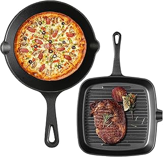 Pre-Seasoned Cast Iron skillets,2 Piece Durable Pots and Pans Set with Handle Covers for Grill, BBQ, Camping Fire, Stovetop, Kitchen and Camping Cookware