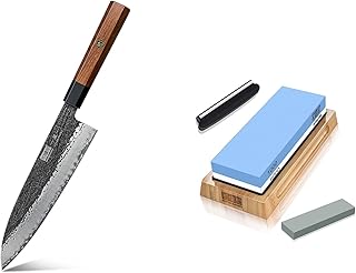 HOSHANHO 8 Inch Chef Knife, 9 Layers 10CR15MOV High Carbon Steel Kitchen Knife Knife Sharpening Stone Set, Dual Grit Whetstone 1000/6000 Knife Sharpener