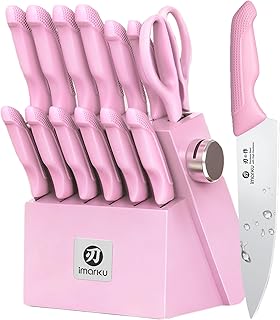 imarku Pink Kitchen Knife Set - 14-Piece Stainless Steel Knife Set with Block and Build-in Sharpener, Gift for Women, Anti-Slip Handle, Dishwasher Safe