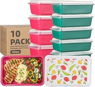 10 Pack 42 oz Meal Prep Containers, Reusable Plastic Food Prep Storage Containers with Printed Lids, Stackable, Leakproof, Microwave & Freezer & Dishwasher Safe,To Go Take Out Box, Vegetable