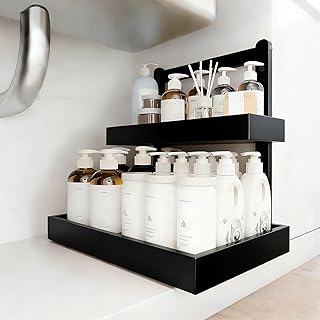 2-Tier Under Sink Pull Out Organizer, Bamboo Cabinet Storage Shelf with Adjustable Height, 9 Inch White Slide Out for Kitchen Bathroom Pantry Black