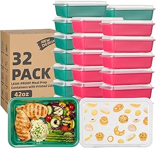 32 Pack 42 oz Meal Prep Containers, Reusable Plastic Food Prep Storage Containers with Printed Lids, Stackable, Leakproof, Microwave & Freezer & Dishwasher Safe,To Go Take Out Box, Bread