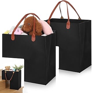 2 Pack Stair Basket with Leather Handle, Upgraded Foldable Step Basket Bins for Stairs, Felt Staircase Storage Organizer with Supporting Insert for Carpeted Wooden Stair, Book, Clothes, Computer