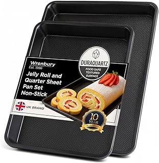 Wrenbury Jelly Roll Pan and Quarter Sheet Pan Set of 2 - Carbon Steel DuraQuartz Non Toxic Large Baking Sheet - ⅔ Sheet Pan for Cookies - Dual Pack