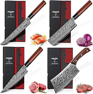 Huusk Meat Cleaver Knife Japanese Kitchen Knife 6.4 Inch, Japanese Gyuto Chef Knife - 8 Inch, Japanese Nakiri Knife 7-Inch Japanese Chef Knife 7-Inch