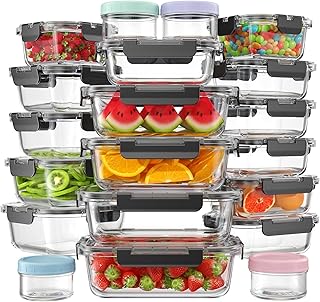 40 PCS Glass Food Storage Containers with Lids(20 Container & 20 Lid), Borosilicate Glass Meal Prep Containers for Kitchen Storage and Organization, BPA-Free, Leak Proof, Reusable