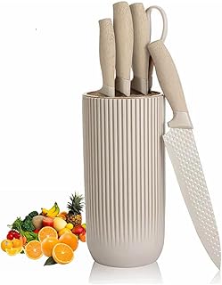 Kitchen Knife Set. 6-Pieces Luxury Wooden Coating, Light Wood Grain Handle, Stainless Steel Non-Stick Sharp Blade Chef Knife Set with Cylindrical Knife Block for Gift