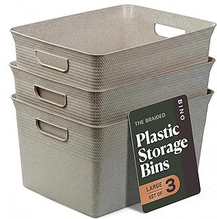 BINO | Plastic Storage Bins, 22 Liter - 3 Pack, Natural Grey | THE BRAIDED COLLECTION | Plastic Bins for Organization | Woven Storage Baskets for Organizing Pantry Shelf Organizer Basket Container Bin
