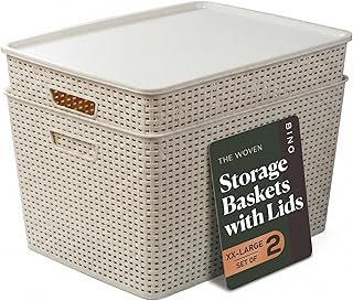 BINO | Plastic Storage Baskets with Lids, 45 Liter - 3 Pack, Natural | THE WOVEN COLLECTION | Storage Basket for Shelves | Woven Storage Baskets for Organizing Bins | Pantry Shelf Organizer Bin
