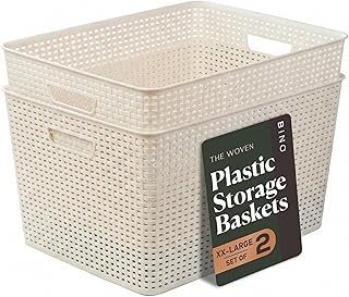BINO | Plastic Storage Baskets, 45 Liter - 2 Pack, Natural | THE WOVEN COLLECTION | Storage Basket for Shelves | Woven Storage Baskets for Organizing Bins | Pantry Shelf Organizer | Container Bin