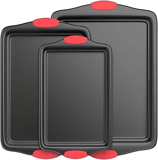3-Piece Non-Stick Baking Sheet Set With Red Silicone Handles, 3-Size Rectangular Cookie Pan For Oven & Kitchen