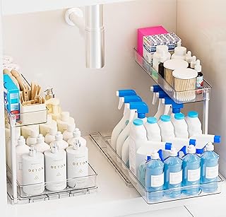Yieach 2 Tier Under Sink Organizers and Storage,2 Pack 12.8″Tall Pull Out Under Cabinet Organizer for Kitchen,Bathroom and Laundry,14.5″ Deep Large Slide Out Undersink Organizers for Cleaning Supplies