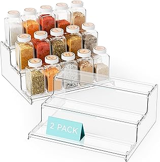 Yieach 2 Pack Tiered Spice Rack Organizer for Cabinet,Pantry,3 Tier Clear Acrylic Spice Rack Organizer & Holder,Step Shelves for Vitamin,Medicine Bottle,Jar,Can,Condiment Organizer and Seasoning Shelf