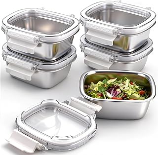Stainless Steel Small Container with Lid - 5 Piece 8.5oz Reusable Stainless Steel Snack Containers, Leakproof Freezer Safe Metal Bento Box Fit for Portioning Snacks, Dips, and Condiments