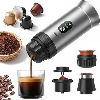 Portable Espresso Coffee Maker, Battery Operated Rechargeable Travel Espresso Machine, Self Heating Mini Coffee Maker for Camping & Car, Works with Ground Coffee and Small/Large Capsules, 80ml Cup
