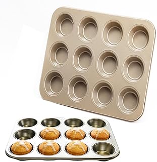 12 Cup Muffin Pan，Carbon Steel Cupcake Pan Muffin,Nonstick Cake Molds/Tin,for Baking Muffins Cupcakes, BPA Free,Easy Release & Clean, Oven Safe–Set of 2 (golden)