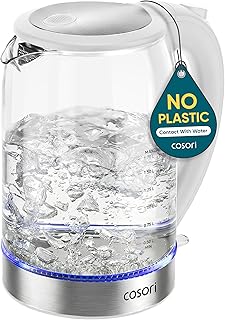 Cosori Electric Kettle, No Plastic Contact With Water, Wide Mouth For Easy Cleaning, Auto Shut Off, 1.7L Tea Kettle & Hot Water Boiler, Water Heater & Teapot, Borosilicate Glass, White, 1500W