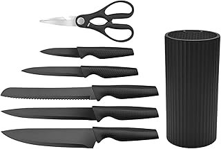 Kitchen Knife Set with Block, 6-Piece Black Knife Block Set with Scissors, Textured Grip Handles