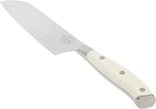 Sur La Table Kitchen Essential Tasting Kitchen German Steel Santoku Knife, 7-Inch Stainless Steel Blade – Professional Kitchen Knife with White Handle and Forged Full Tang