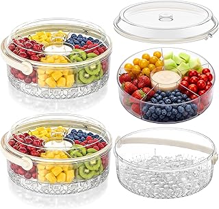 2 Pcs Large Ice Chilled Serving Tray with Lid Handle Fruit Chilled Veggie Tray Clear Plastic Cold Party Platters with Lid and Dip 5 Compartments for Vegetables Salads Appetizer Picnic