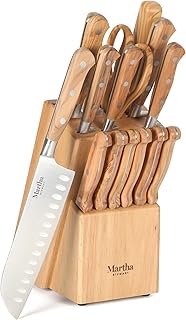 Martha Stewart 15 Piece Austenwood German Stainless Steel Cutlery Kitchen Knife Block Set W/Italian Olive Wood Forged Handle & Wood Block