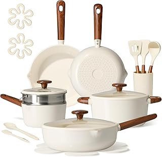 CAROTE 21pcs Cookware Set Nonstick Pots and Pans Set, Ceramic Cookware Set Induction Cookware, Non toxic Healthy Non Stick Kitchen Cooking Set, PFAS PTFE Free, White