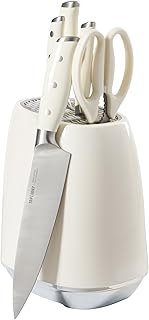 Oster Deaton Knife Block Set with Stainless Steel Knives & Kitchen Shears, 6-Piece Kitchen Cutlery Set with White Handles and Countertop Storage Block