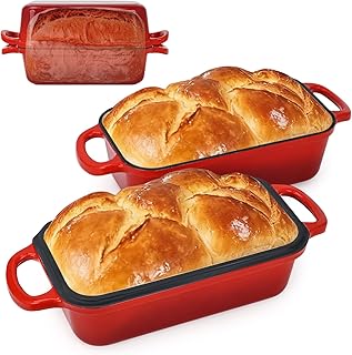 FUNKYLEE Enameled Cast Iron Loaf Pan with Lid, 2 In 1 Cast Iron Bread Pan for Homemade Bread, 9x5 Non-stick Sourdough Loaf Pan, Even Heat Distribution, Red