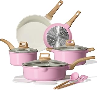 CAROTE 14 Pcs Ceramic Cookware Set, Pots and Pans Set Non Stick with Ceramic Coating, Induction Kitchen Sets, Pink