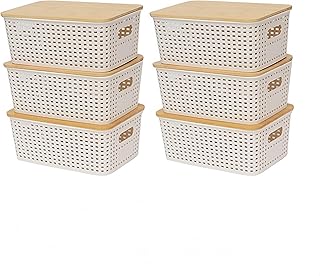 6-Pack Stackable Plastic Woven Storage Baskets with Lids, Hollow Out Weave Bins with Handles + 2 Kraft Labels (WhiteBasket-BambooLid)