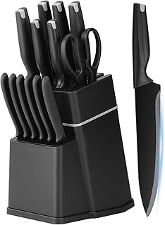 Knife Set, 15 Piece Kitchen Knife Set with Sharpener Block, High Carbon Stainless Steel Knife Block Set, Razor-Sharp Chef Knife Set with Lightweight Anti-Slip Handle, Professional Set for Home (Black)