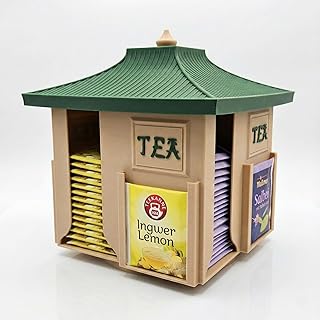 Rotating Japanese Tea Organizer Dispenser - Pagoda Design, 360° Lazy Susan Base, Beige Body with Jungle Green Roof, Zen Matcha/Sencha/Tea Bag Storage Carousel for Kitchen Counter