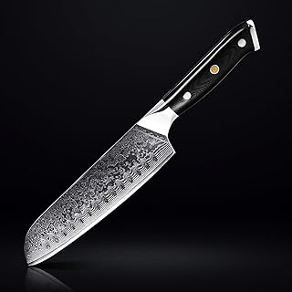 SENKEN 7" Damascus Steel Santoku Knife - Shogun Collection - 67-Layer Japanese VG10 Steel with Full-Body G10 Military Grade Handle - Ultra Sharp Japanese Chef Knife