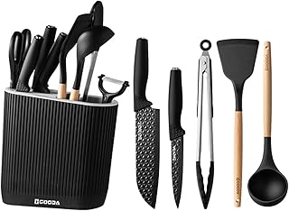 9Pcs Kitchen Utensils Set with Knife Block, Heat Resistant Silicone Cooking Utensils Set with Wooden Handle, Stainless Steel Coated Knife Block Set for Kitchen, Essential Kitchenware & Tools