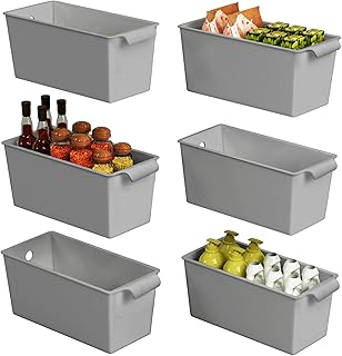 Plastic Storage Bins 6 Pack, Front Handle Design, 11"x5" Pantry Organization and Storage Open Top Baskets for Shelves Closet Cabinet Sink Counter Cupboard Drawer Rridge (Gray)