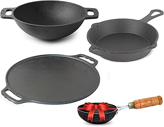 Pre-Seasoned Cast Iron Cookware Set+ Free Tadka Pan|Tawa (30.5 Cm)+ Kadai (25.4 Cm/2.3L)+ Fry Pan (23 Cm/1.4L)|Kitchen Cooking Combo Pots & Pans Set Of 4Pcs|Naturally Nonstick - Black