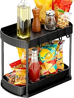 Under Cabinet Organizer | 2-Tier Pull Out Shelf | Under Sink Organizers and Storage with 4 Hooks | for Apartment Pantry Cabinet Laundry Countertop Closet