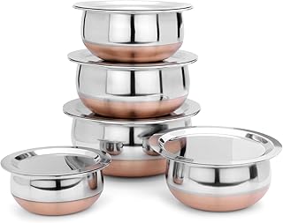 STEEL Set Of 5 Copper Bottom Stainless Steel Handi Set/Cookware Set With Lid (Capacity : 0.5 Ltr, 0.75 Ltr, 2000, 1000, 1500, 500, 750 Ml, 2000, 1000, 1500, 500, 750 Ml)