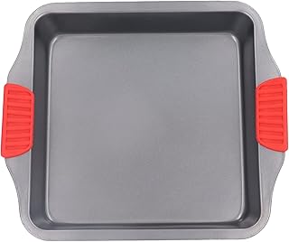 Baking Sheet Pan Tray Set Red Silicone Handle Non Stick Carbon Steel Oven Safe Dishwasher Safe Deepened Design for Home Baking Cooking A106 Small A107 Large (A-106 [with ears] square baking pan)