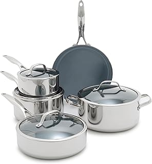 GreenPan Valencia Pro Tri-Ply Stainless Steel 9 Piece Cookware Set, PFAS-Free Ceramic Nonstick Coating, Induction Ready Pots & Pans, All Cooktops, Dishwasher & Oven Safe to 600F