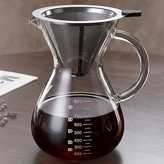 Pour Over Coffee Maker - Borosilicate Glass Carafe - Reusable Stainless Steel Filter Paperless Dripper - For Home & Office & Resteraunt & Camping (27, ounces)