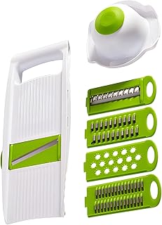 5-In-1 Handheld Mandoline Slicer, Multi-Function Vegetable Cutter With 4 Blades, Safe Hand Guard, Fruit Veggie Potato Cutter, White & Green