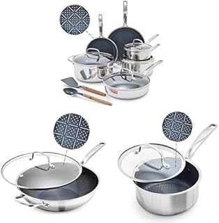 Blue Diamond Hybrid Nonstick Stainless Steel 16 Piece Cookware Set, Tri-Ply PFAS-Free Ceramic Diamond Bond Pots & Pans, Dishwasher & Oven Safe to 850F, Induction Ready, Metal Utensil Safe, Silver