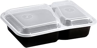 50 Sets Microwave Safe Meal Prep Food Container with Lid (8288, Black), Reusable, Leak Resistant Seal, BPA-Free, Freezer & Dishwasher Safe, 8.5 x 6 x1.87", 32oz w/Clear Lid, Two Compartments: 12/20oz