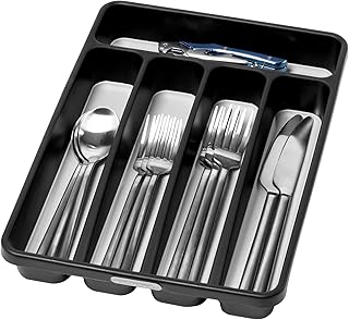 madesmart Premium Small Silverware Tray, Compact 5 Compartment Flatware Organizer for Forks, Knives & Spoons, Non Slip, Soft Grip Lining, Fits Small Drawers, Carbon