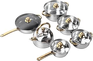 12Pcs Stainless Steel Kitchen Pots Set with Golden Handles, Various Sizes Including Milk Pot, Soup Pots & Frying Pan - Heat, Easy to Clean Cookware for Home Cooking
